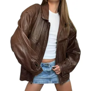 Oversized 90s Retro Leather Bomber – Brown Leather