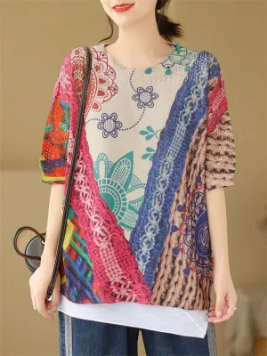 Peach Heart & Flower Print Round Neck Knitted T-shirts for Women