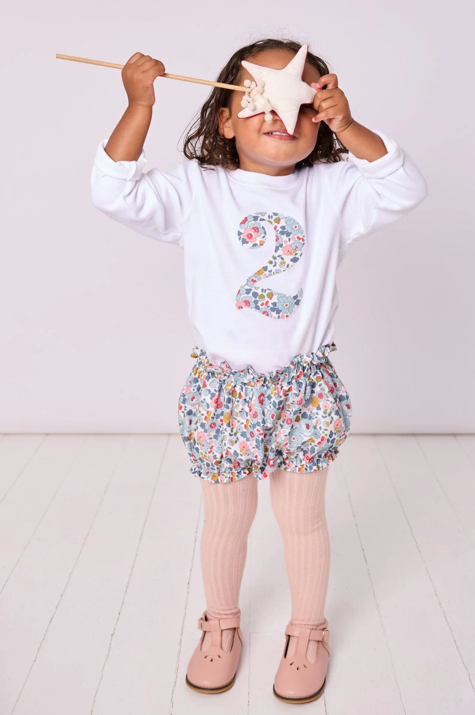 Personalised or Age White T-Shirt in Betsy Grey Liberty Print