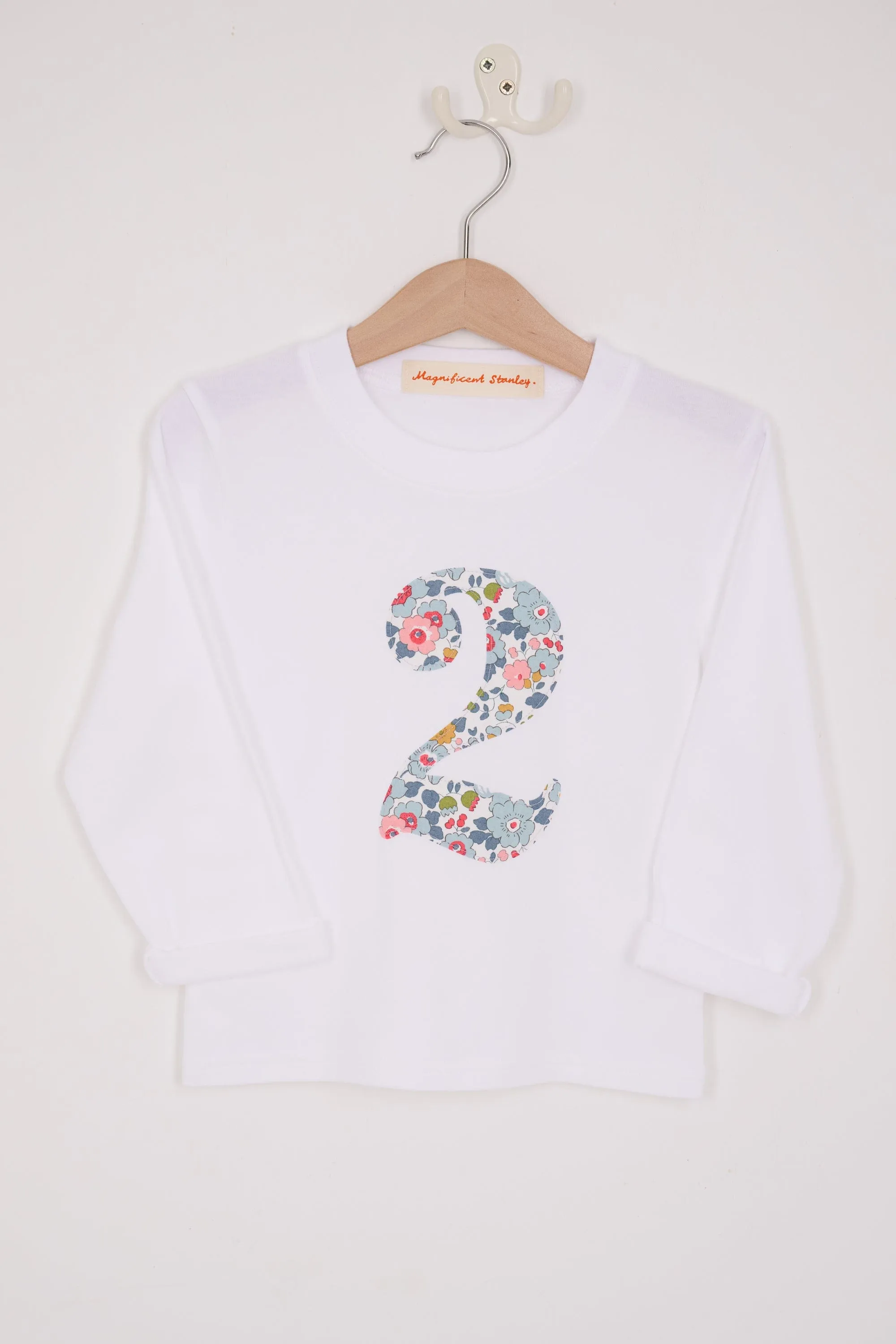 Personalised or Age White T-Shirt in Betsy Grey Liberty Print
