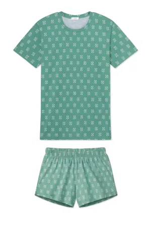 Pima Crew Shorts Set in Boxwood Moroccan Blockprint