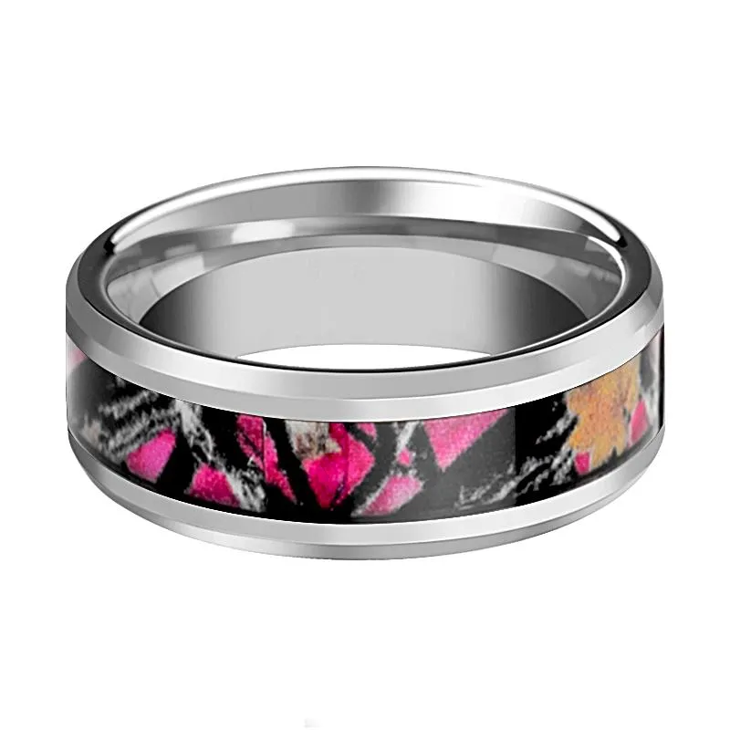 Pink Oak Leaves Camouflage Men's Tungsten Wedding Band with Beveled Edges - 6MM - 8MM