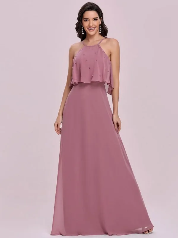 Pink Prom Dress A-Line Halter Sequined Sleeveless Sequined Floor-Length Party Dresses