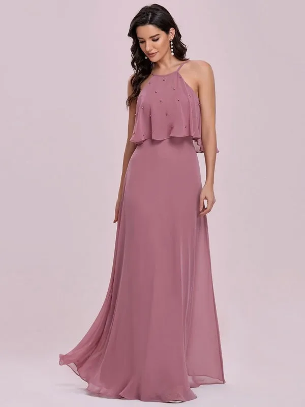 Pink Prom Dress A-Line Halter Sequined Sleeveless Sequined Floor-Length Party Dresses