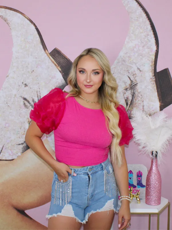 Queen Of Extra Tulle Puff Sleeve Crop Top, Fuchsia