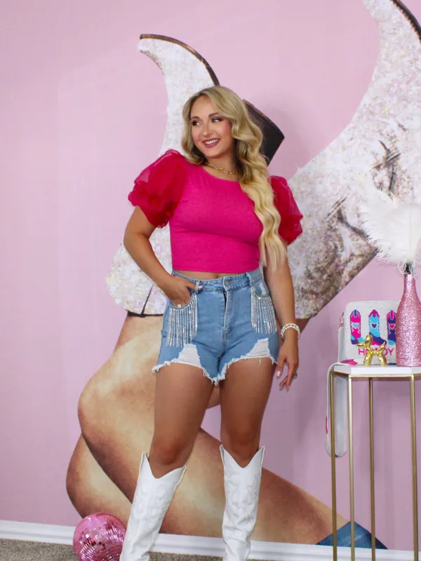 Queen Of Extra Tulle Puff Sleeve Crop Top, Fuchsia