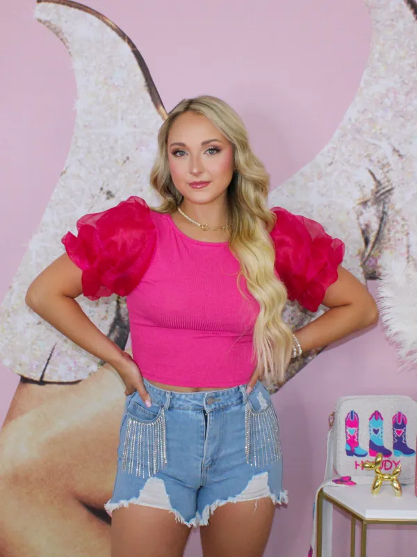 Queen Of Extra Tulle Puff Sleeve Crop Top, Fuchsia