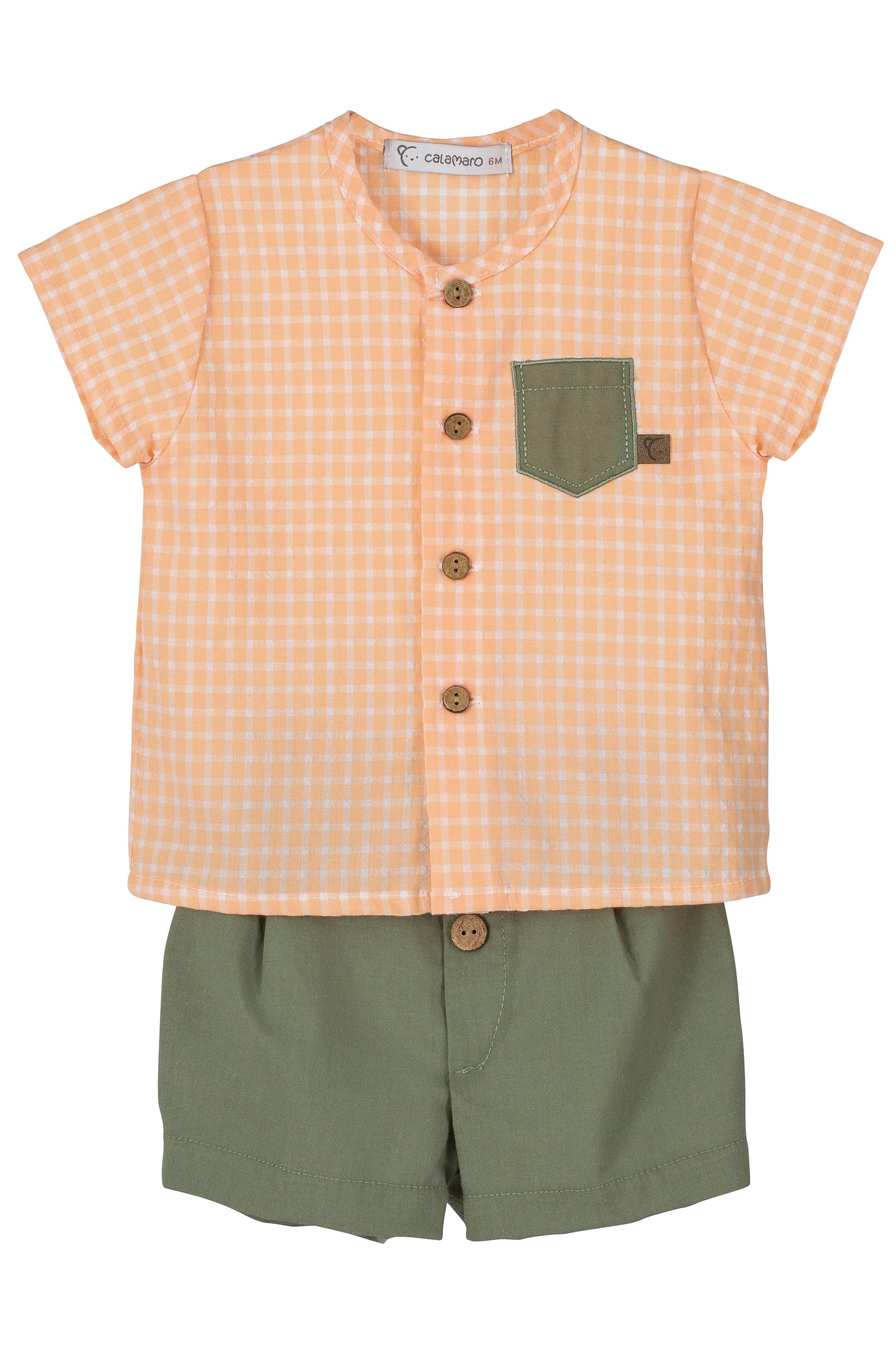 "Asher" Peach Gingham Shirt & Khaki Shorts