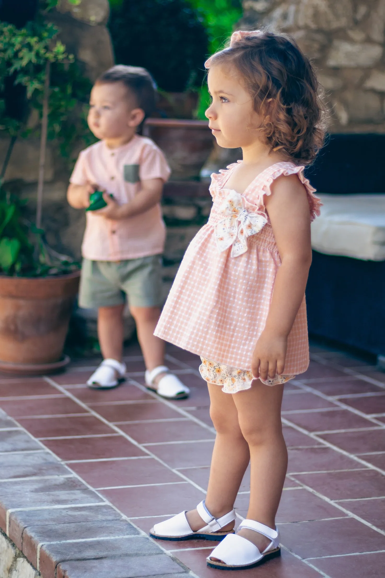 "Asher" Peach Gingham Shirt & Khaki Shorts