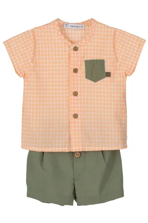 "Asher" Peach Gingham Shirt & Khaki Shorts