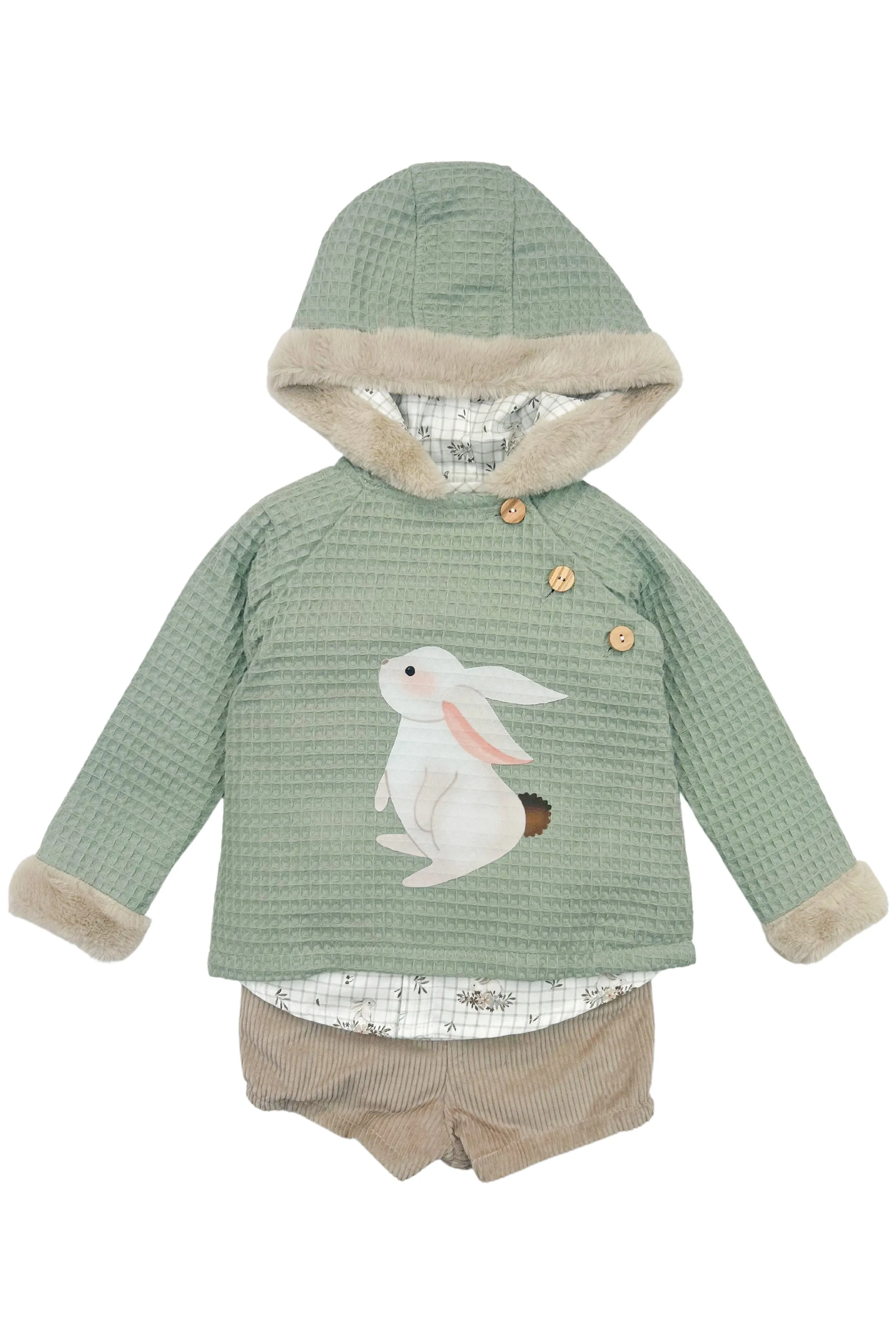 "Aspen" Sage Green Bunny Hoodie, Shirt & Shorts