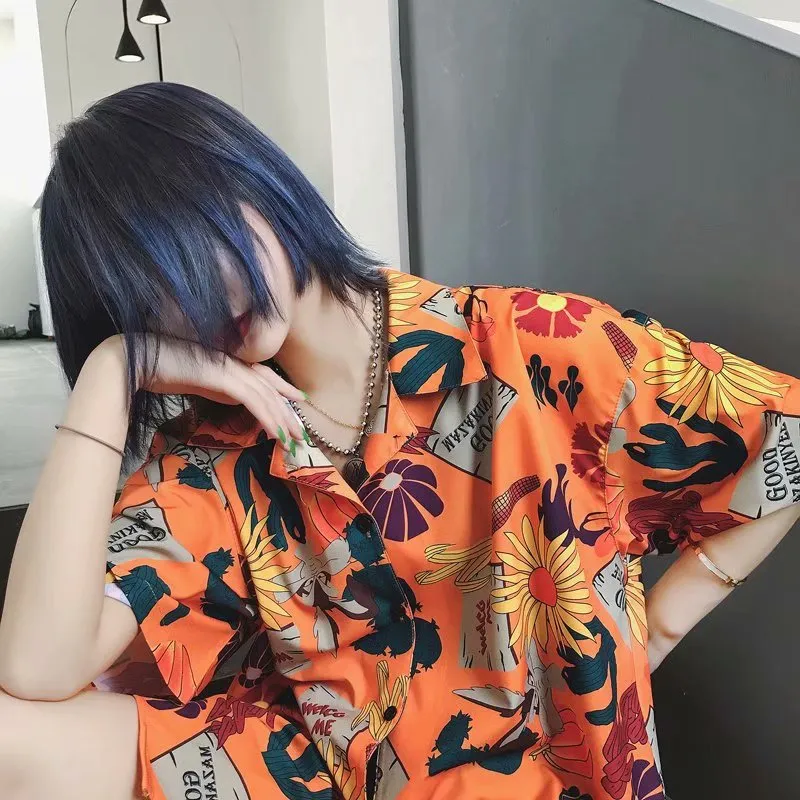 "SUMMER ORANGE FLOWER PRINT" SHIRT BLOUSE K080803