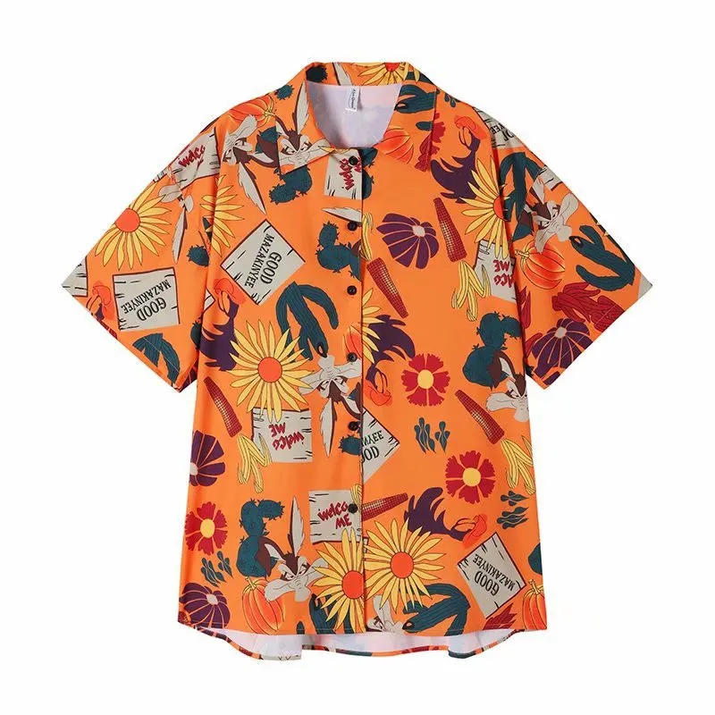"SUMMER ORANGE FLOWER PRINT" SHIRT BLOUSE K080803