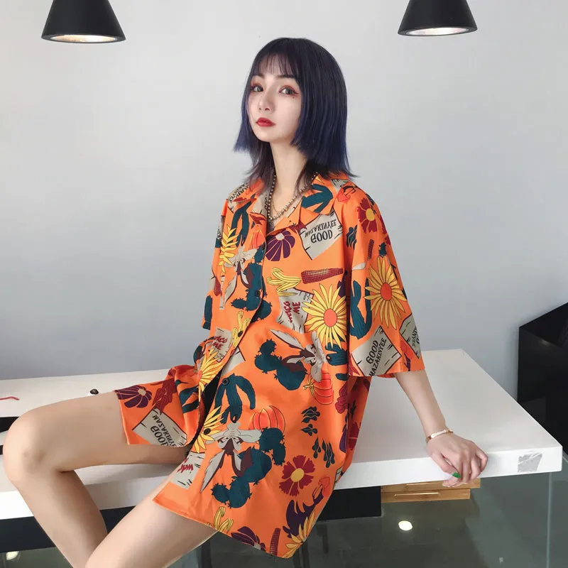 "SUMMER ORANGE FLOWER PRINT" SHIRT BLOUSE K080803