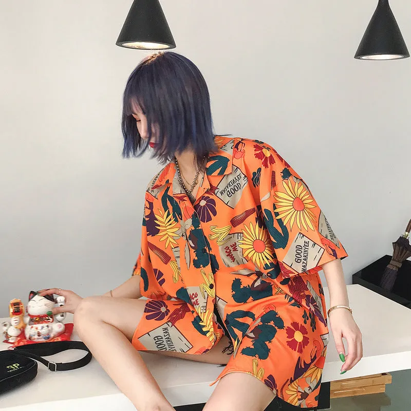 "SUMMER ORANGE FLOWER PRINT" SHIRT BLOUSE K080803