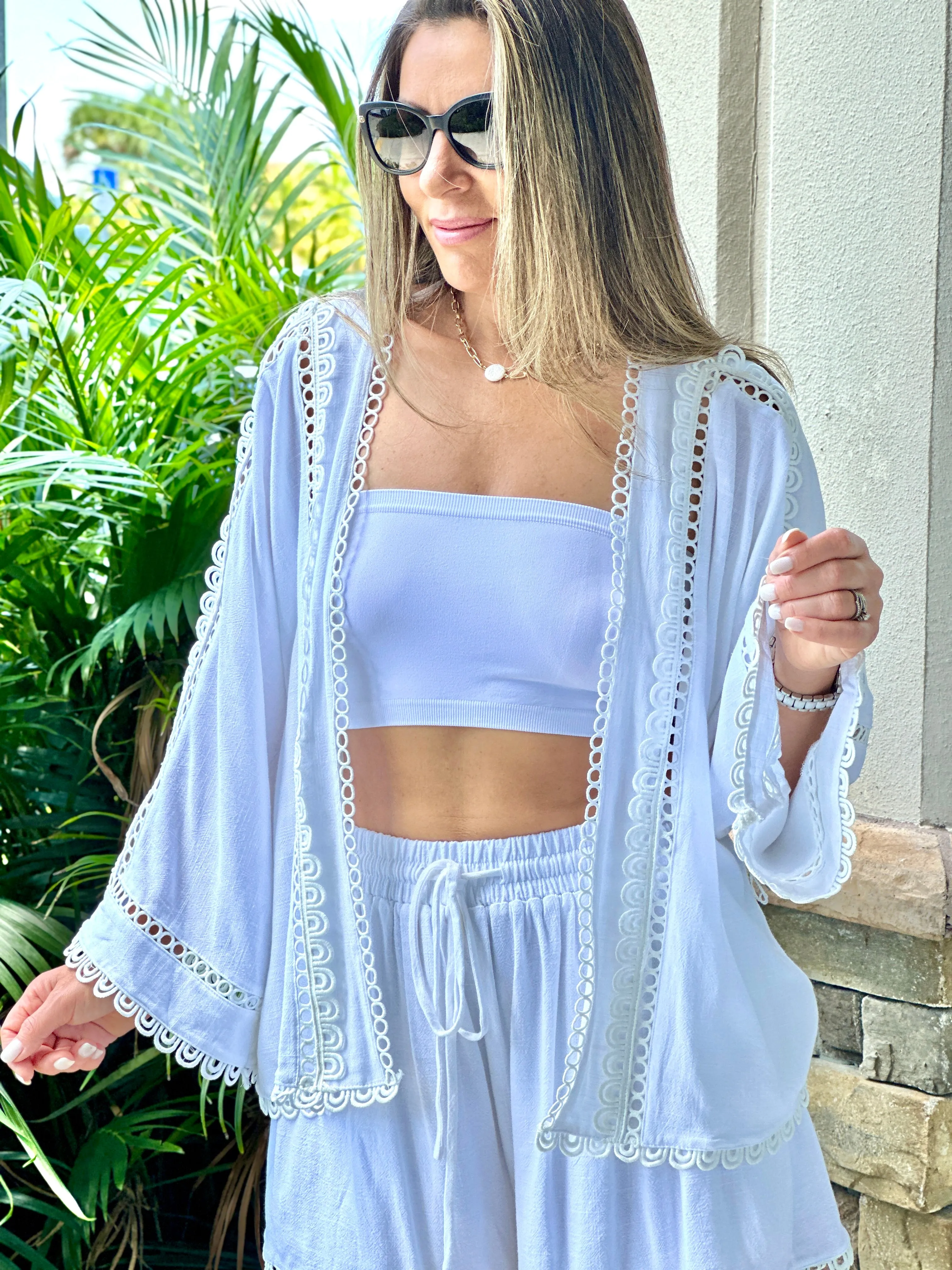 "True" Viscose linen mix eyelet lace trimmed kimono top with self tie belt and matching elastic drawstring waistband shorts set