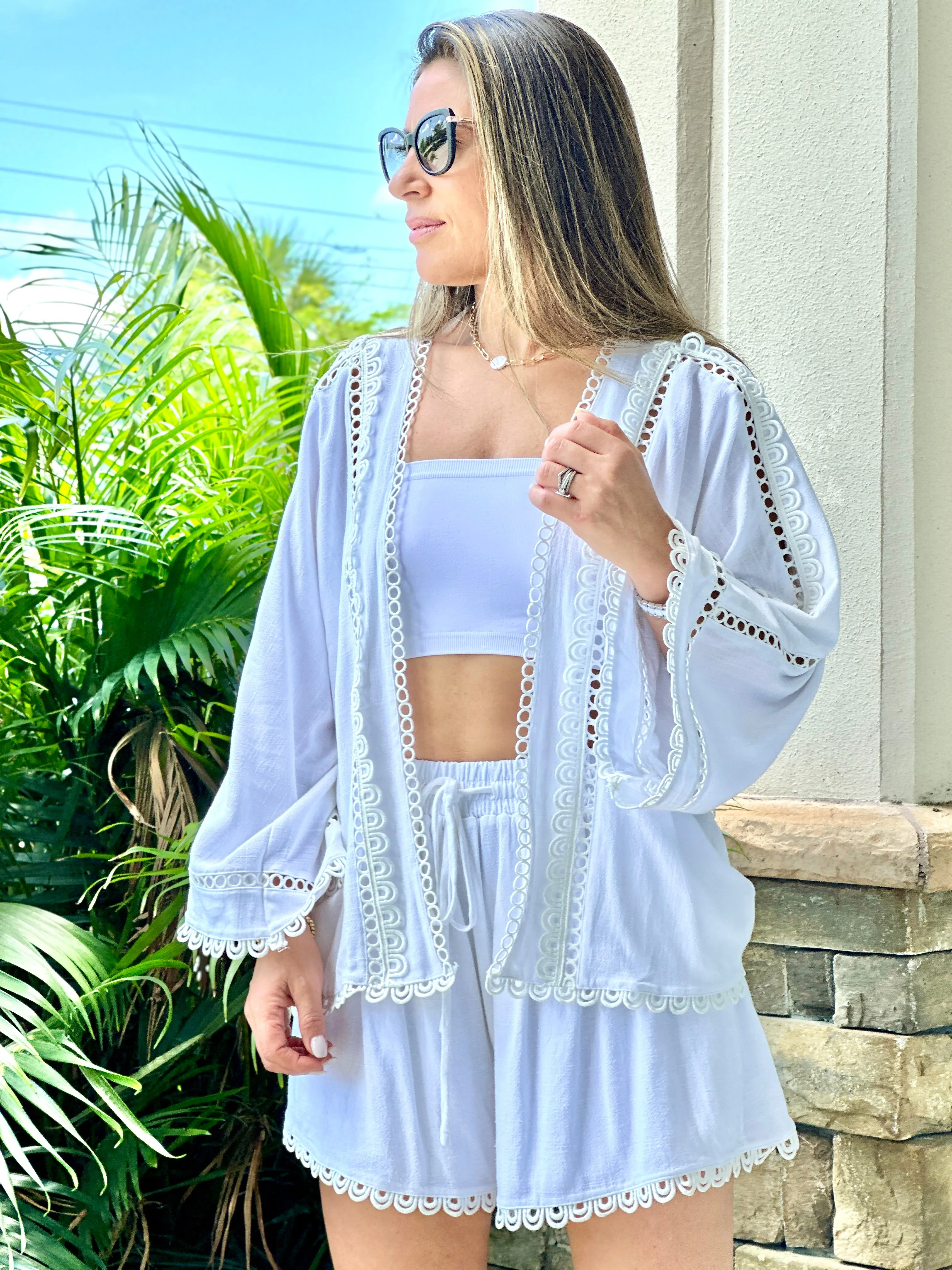 "True" Viscose linen mix eyelet lace trimmed kimono top with self tie belt and matching elastic drawstring waistband shorts set