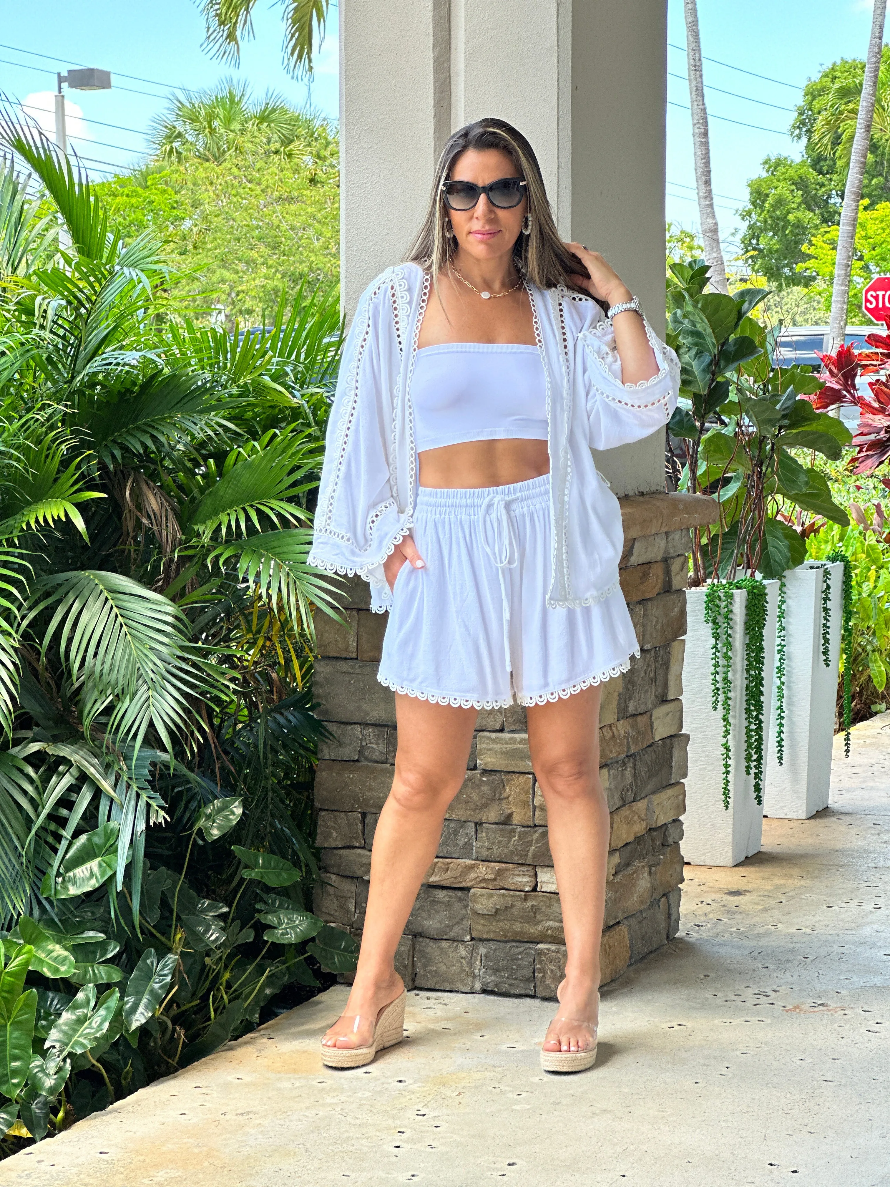 "True" Viscose linen mix eyelet lace trimmed kimono top with self tie belt and matching elastic drawstring waistband shorts set