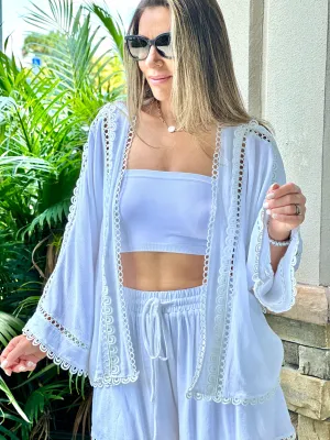 "True" Viscose linen mix eyelet lace trimmed kimono top with self tie belt and matching elastic drawstring waistband shorts set