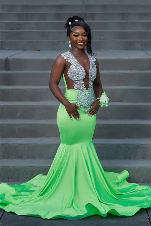 Sage Green Silver Beaded Mermaid Sleeveless Floor length Long Prom Dresses