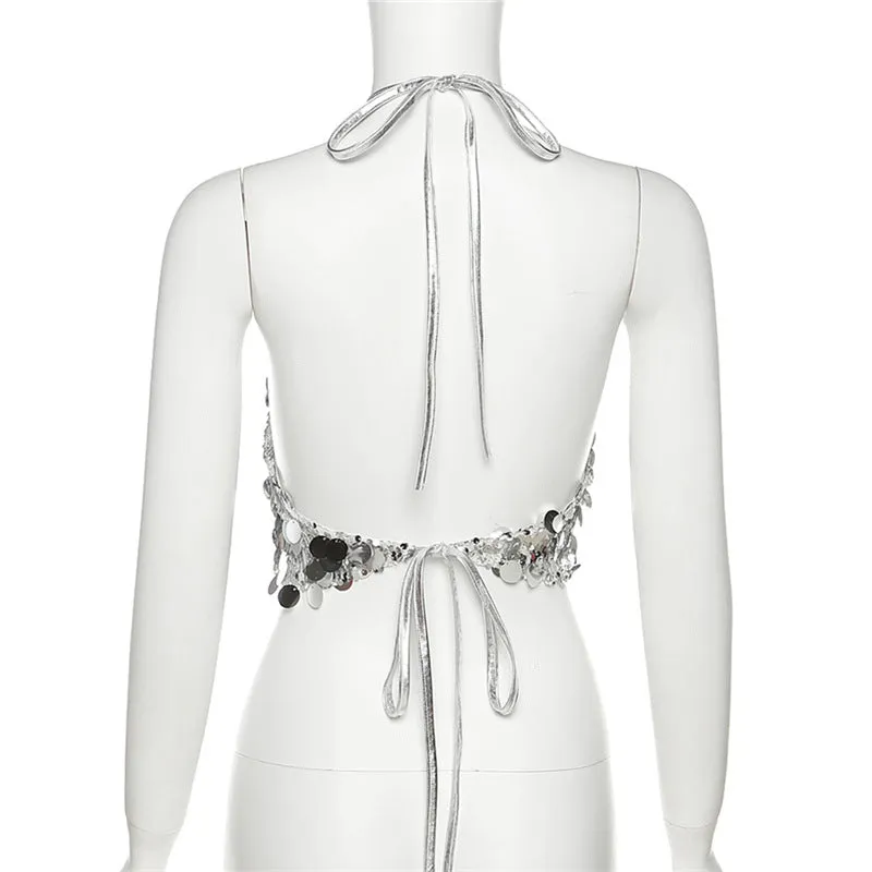 Sequined Cropped Halter Top