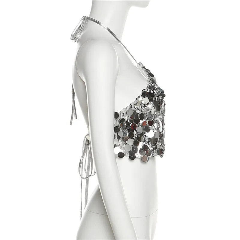 Sequined Cropped Halter Top