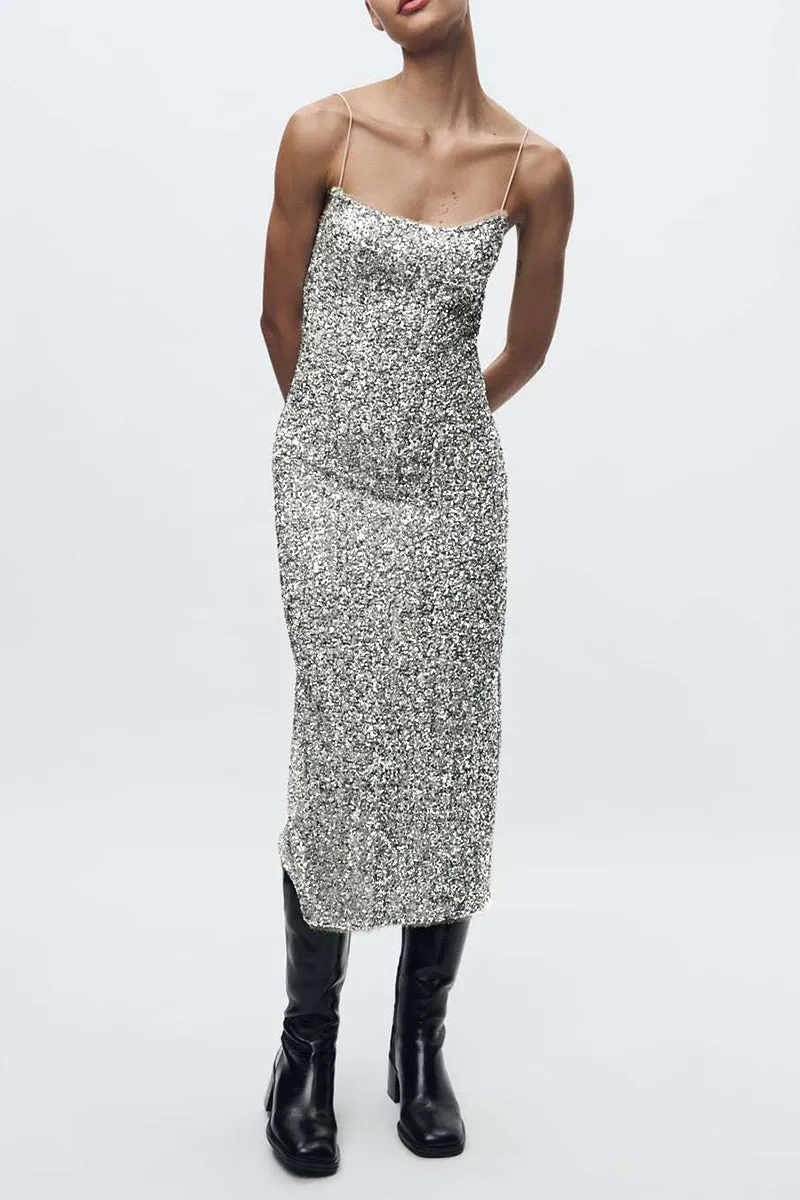Sexy Solid Sequins U Neck Wrapped Skirt Dresses