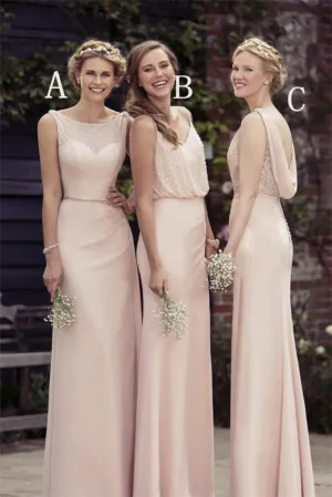 Sheath Long Sleeveless Floor Lenght Open Back Chiffon Bridesmaid Dress, Sequins