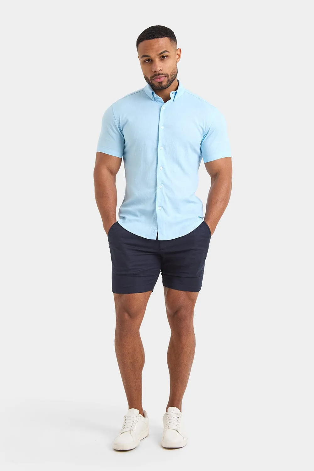 Short Sleeve Linen Blend Shirt in Light Blue