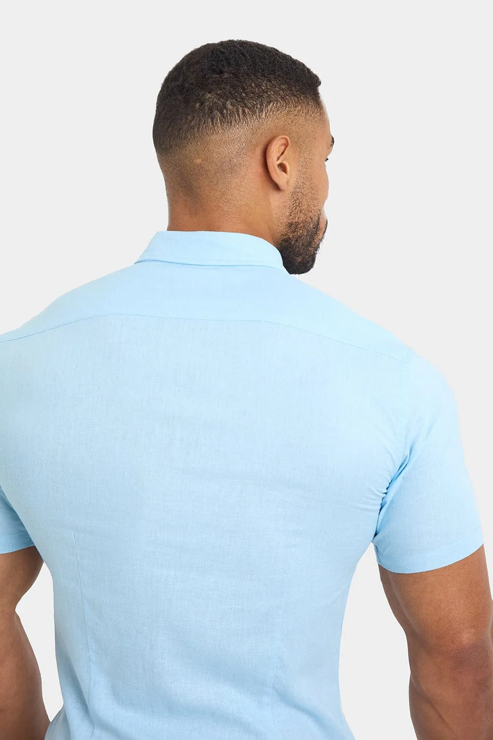 Short Sleeve Linen Blend Shirt in Light Blue