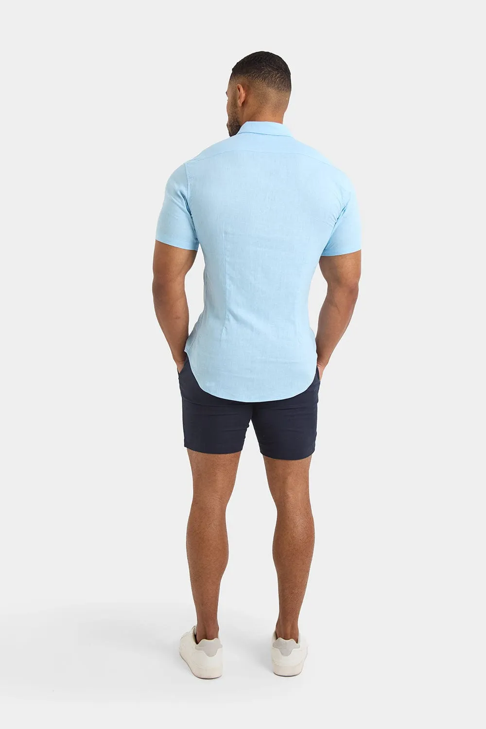 Short Sleeve Linen Blend Shirt in Light Blue