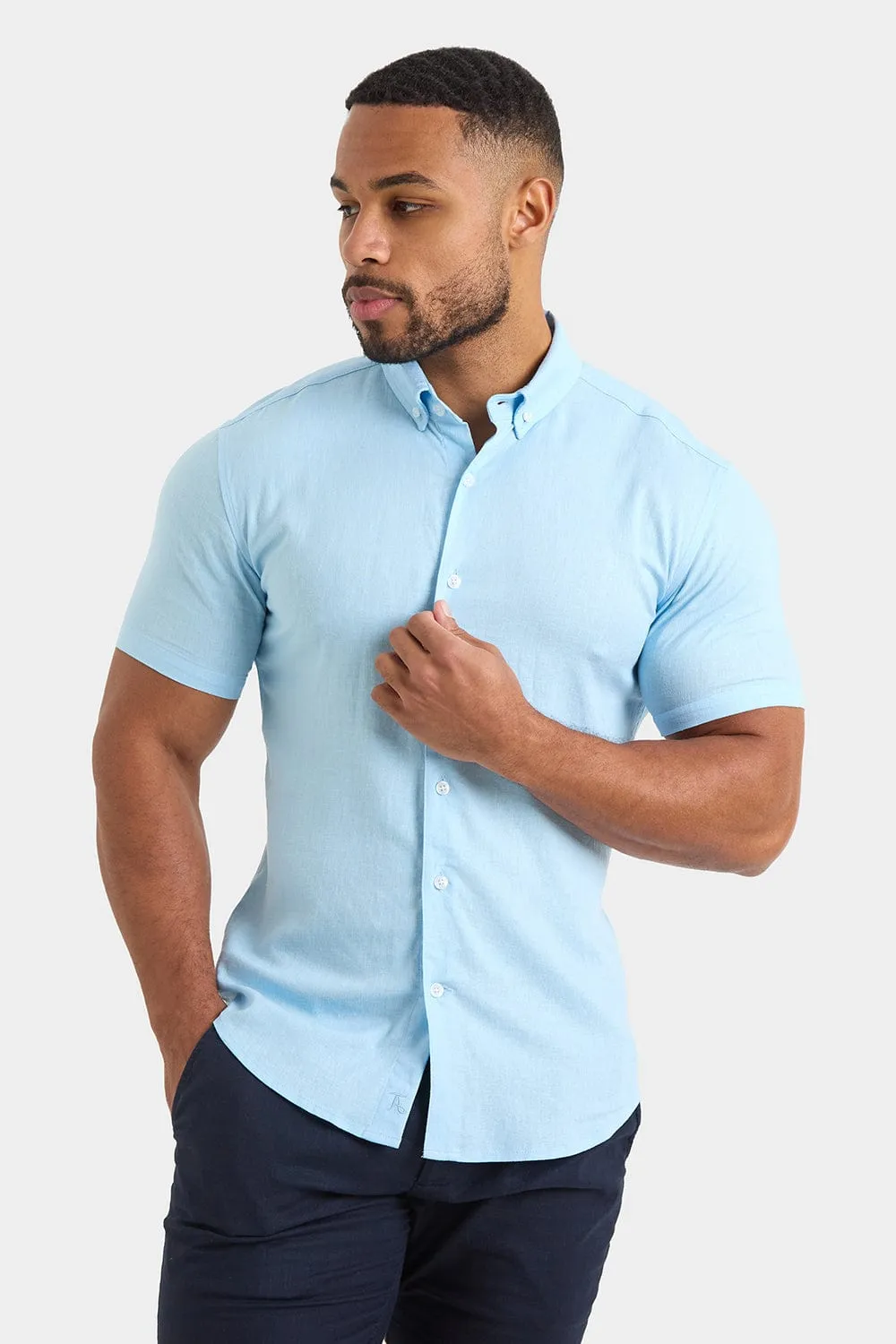 Short Sleeve Linen Blend Shirt in Light Blue