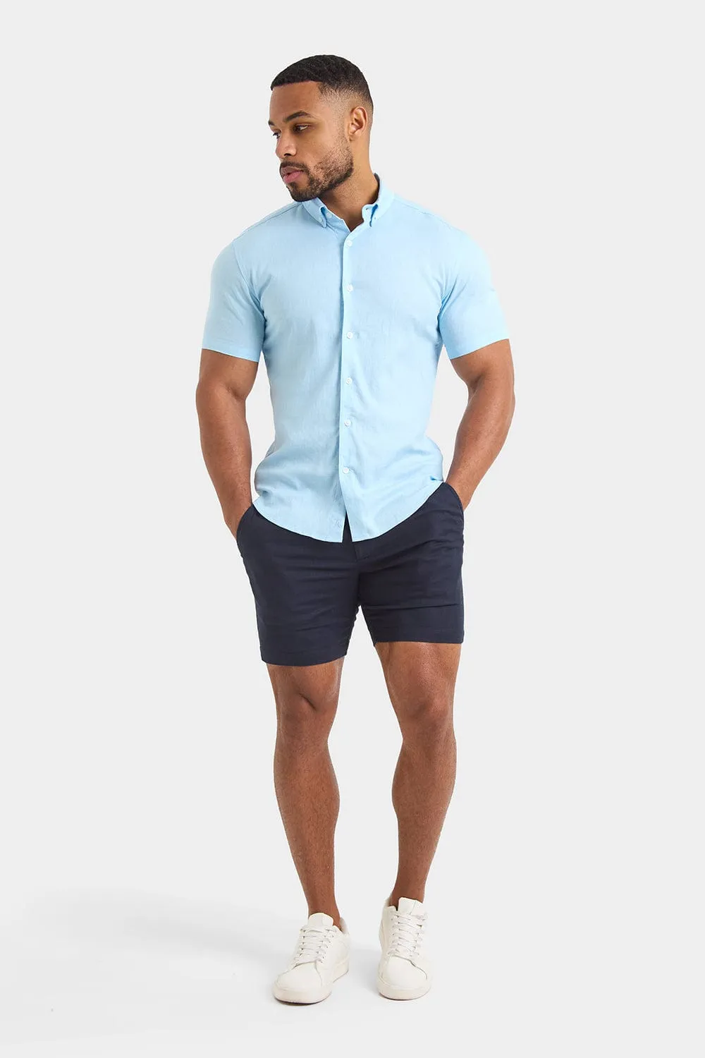 Short Sleeve Linen Blend Shirt in Light Blue