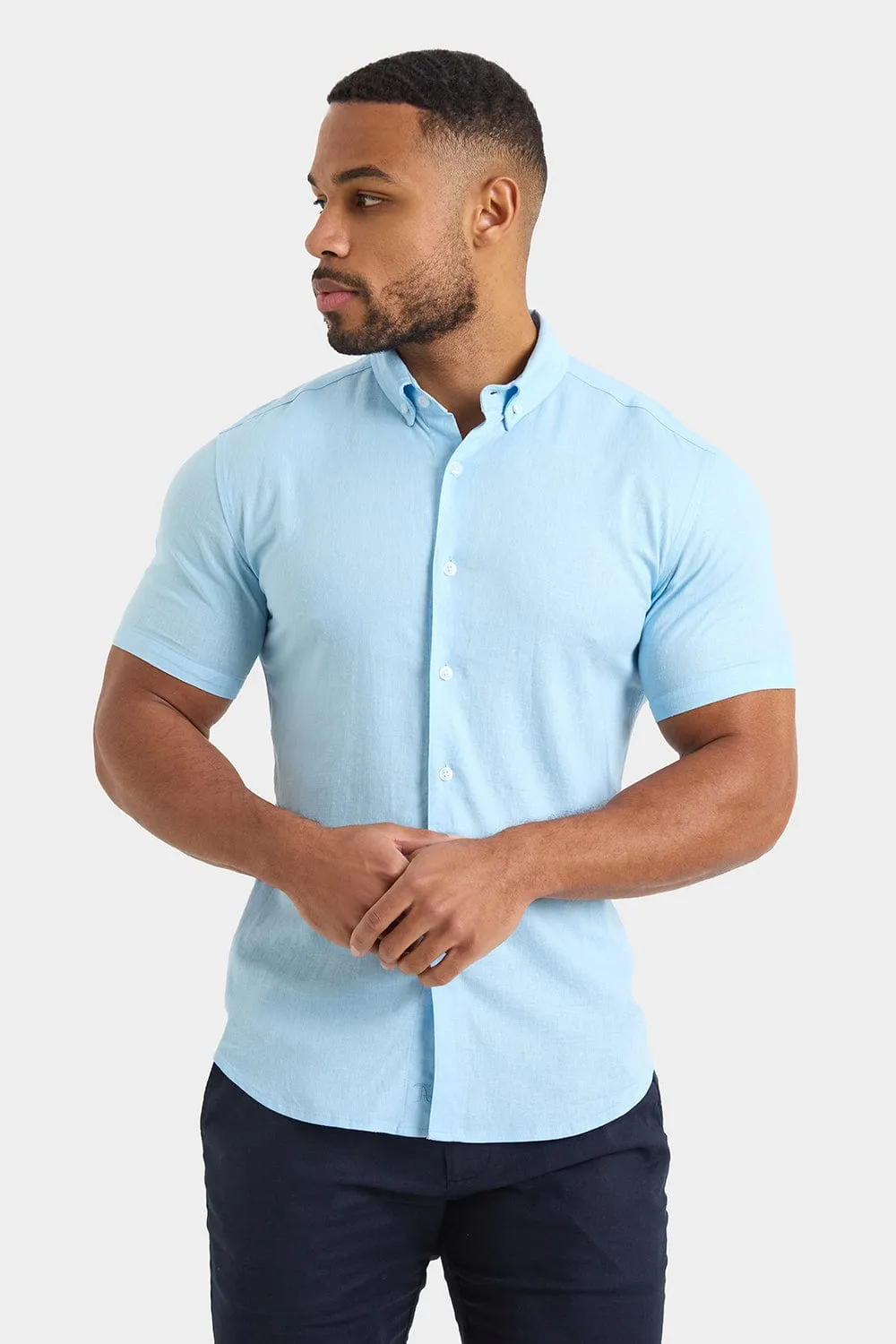 Short Sleeve Linen Blend Shirt in Light Blue