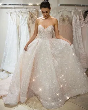 Sparkly Sequined Wedding Dresses Strapless Sweetheart Blush Pink Bridal Wedding Gowns