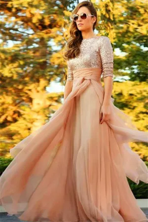 Stunning Sequins Long 2016 Evening Dress Half Sleeves Prom Gown-319003