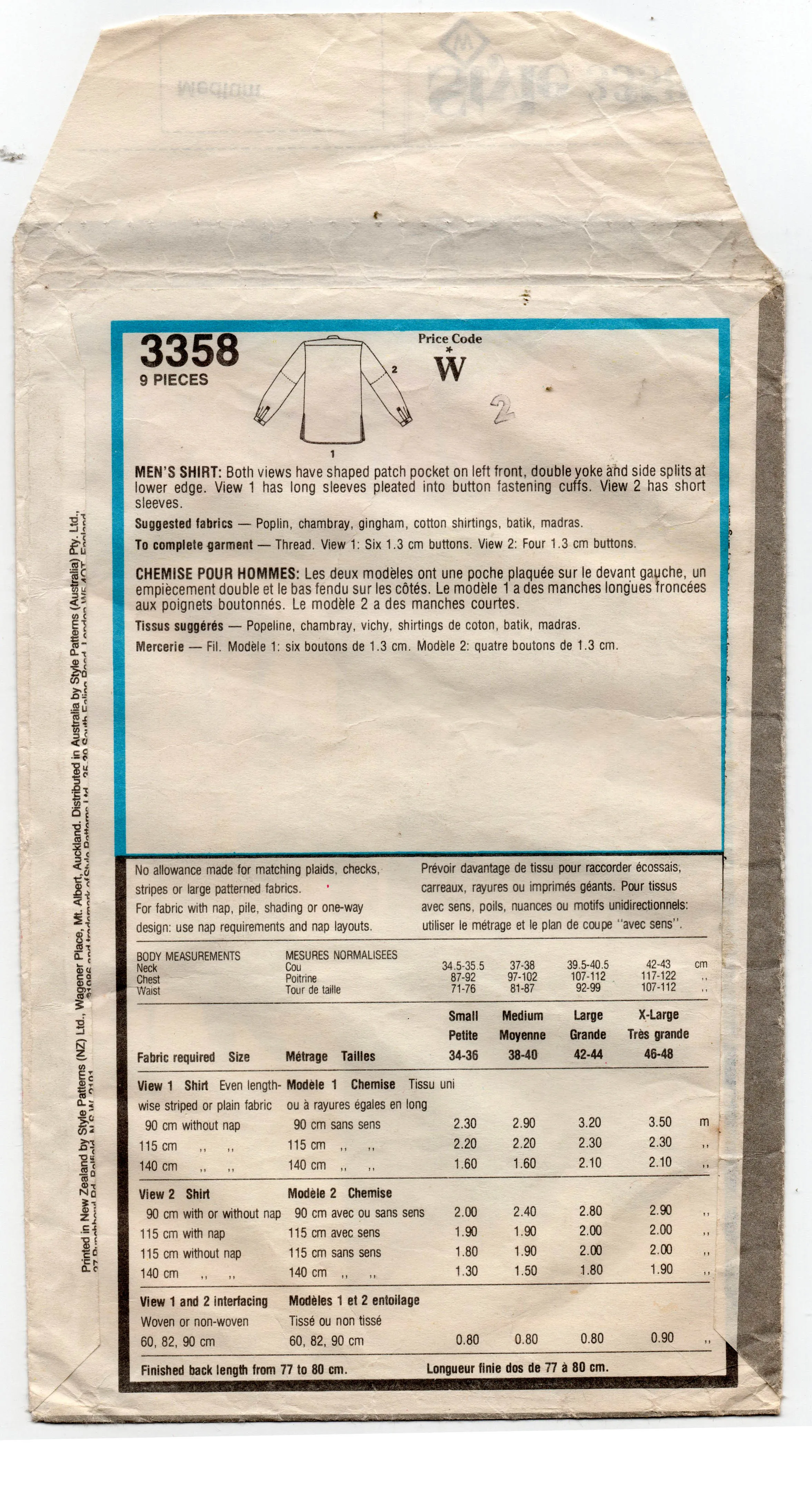 Style 3358 Mens Classic Shirt 1980s Vintage Sewing Pattern Size MEDIUM Chest 38 - 40 inches