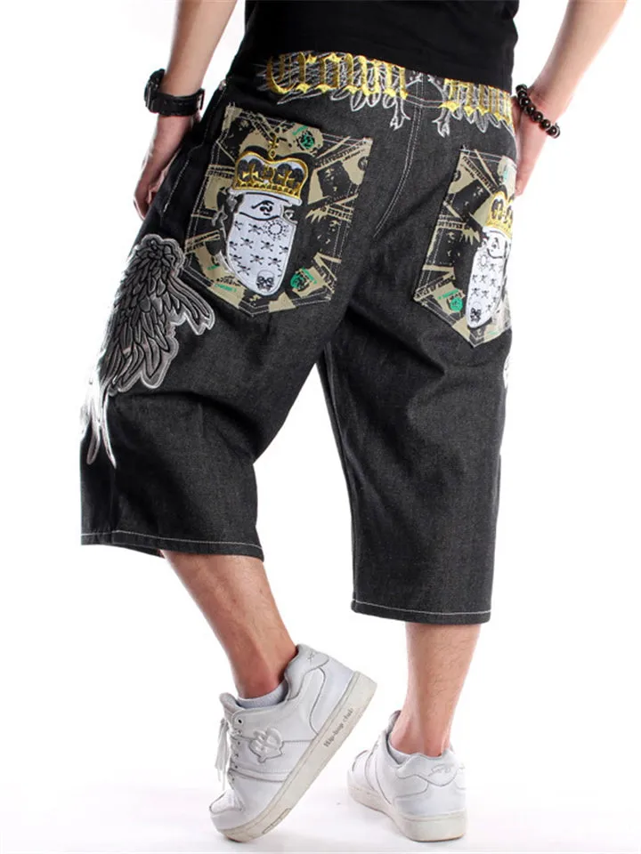 Trendy Street Hip-Hop Style Wings Embroidered Oversize Cropped Pants