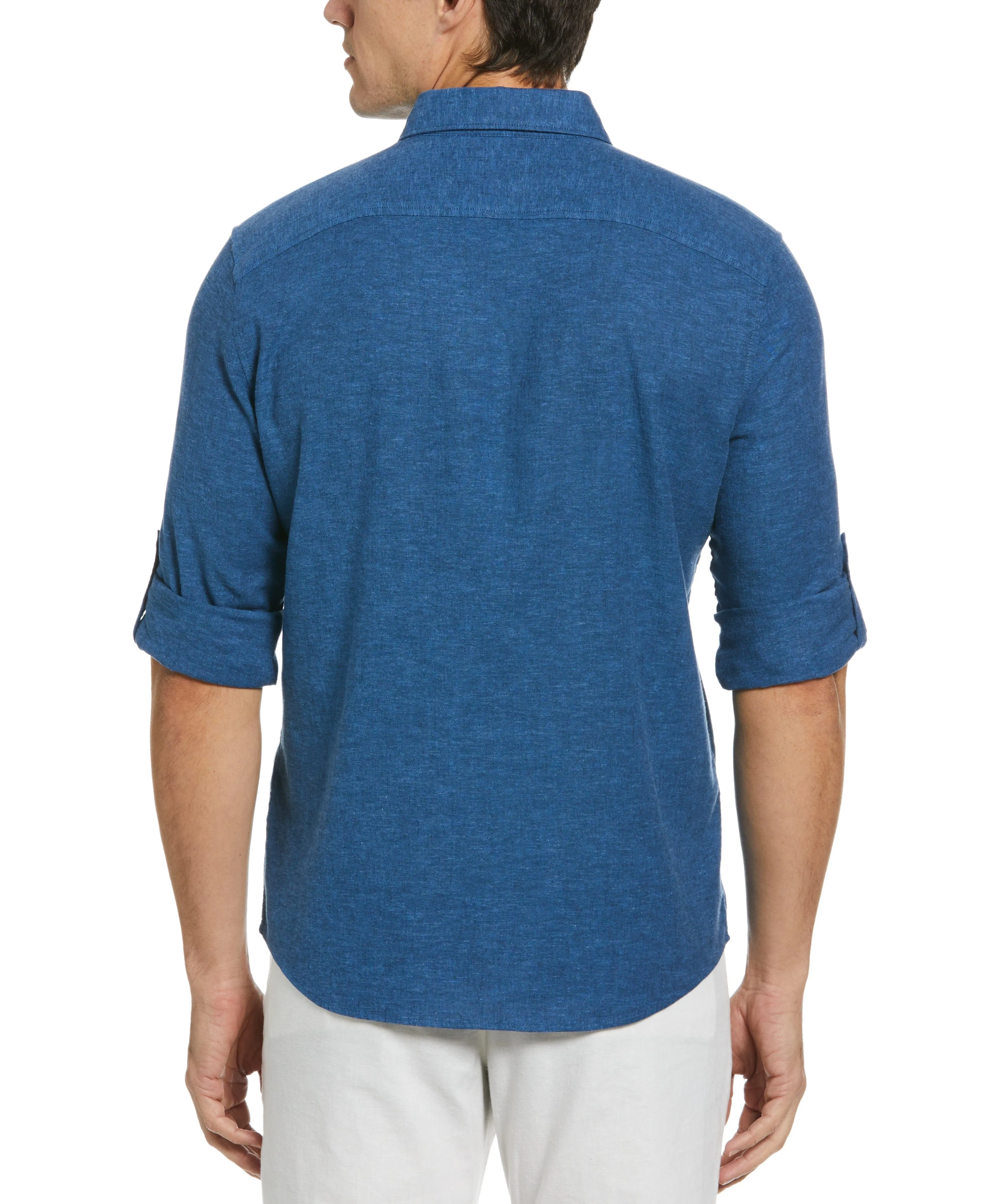 Untucked Slim Fit Linen Blend Rolled Sleeve Shirt - Blue