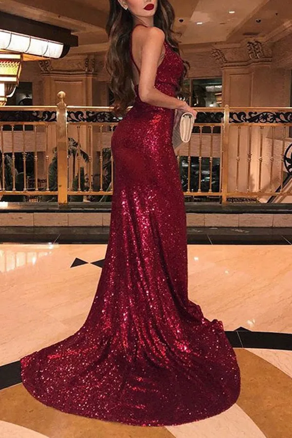 V-Neck Sleeveless Side Slit Sequins Burgundy Mermaid Prom Dresses,MP461