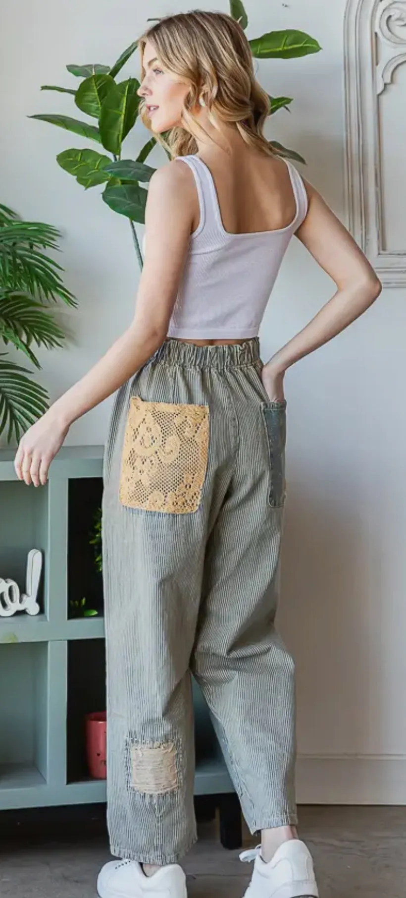 Vintage Denim Wash Striped Baggy Jean Pants