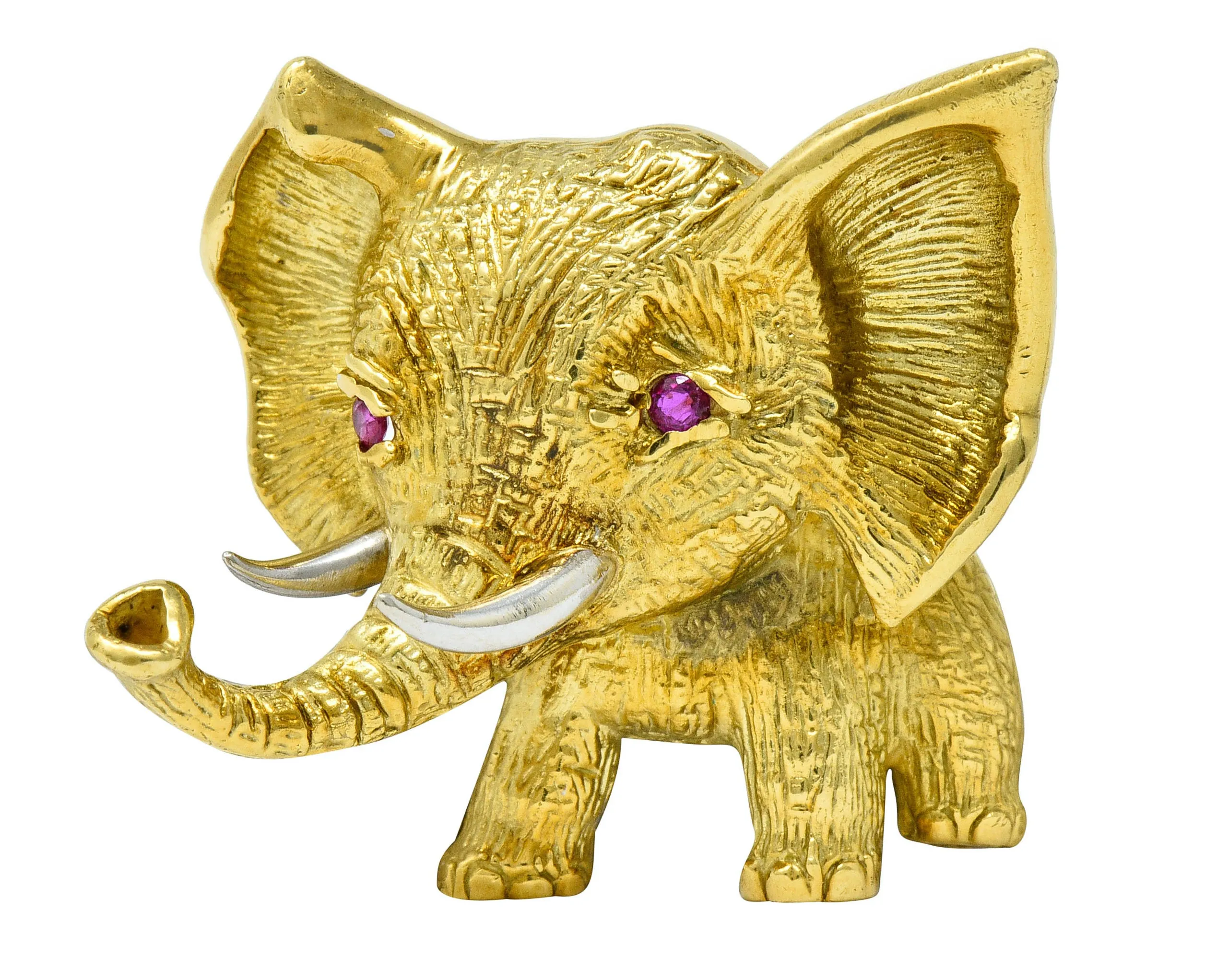 Vintage Ruby 18 Karat Two-Tone Gold Elephant Brooch