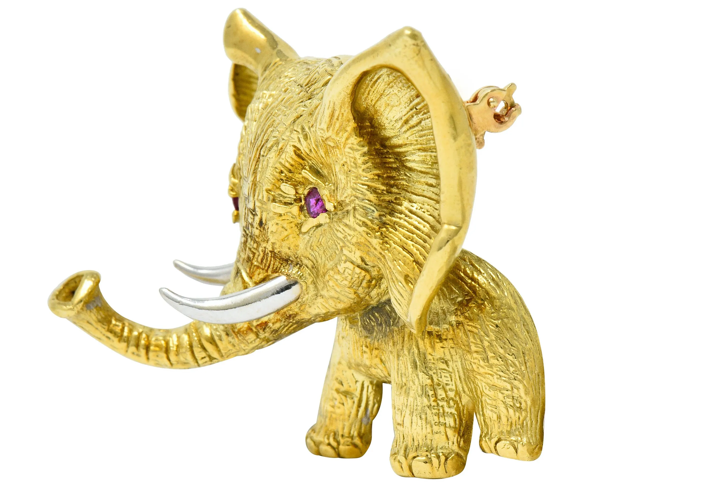 Vintage Ruby 18 Karat Two-Tone Gold Elephant Brooch