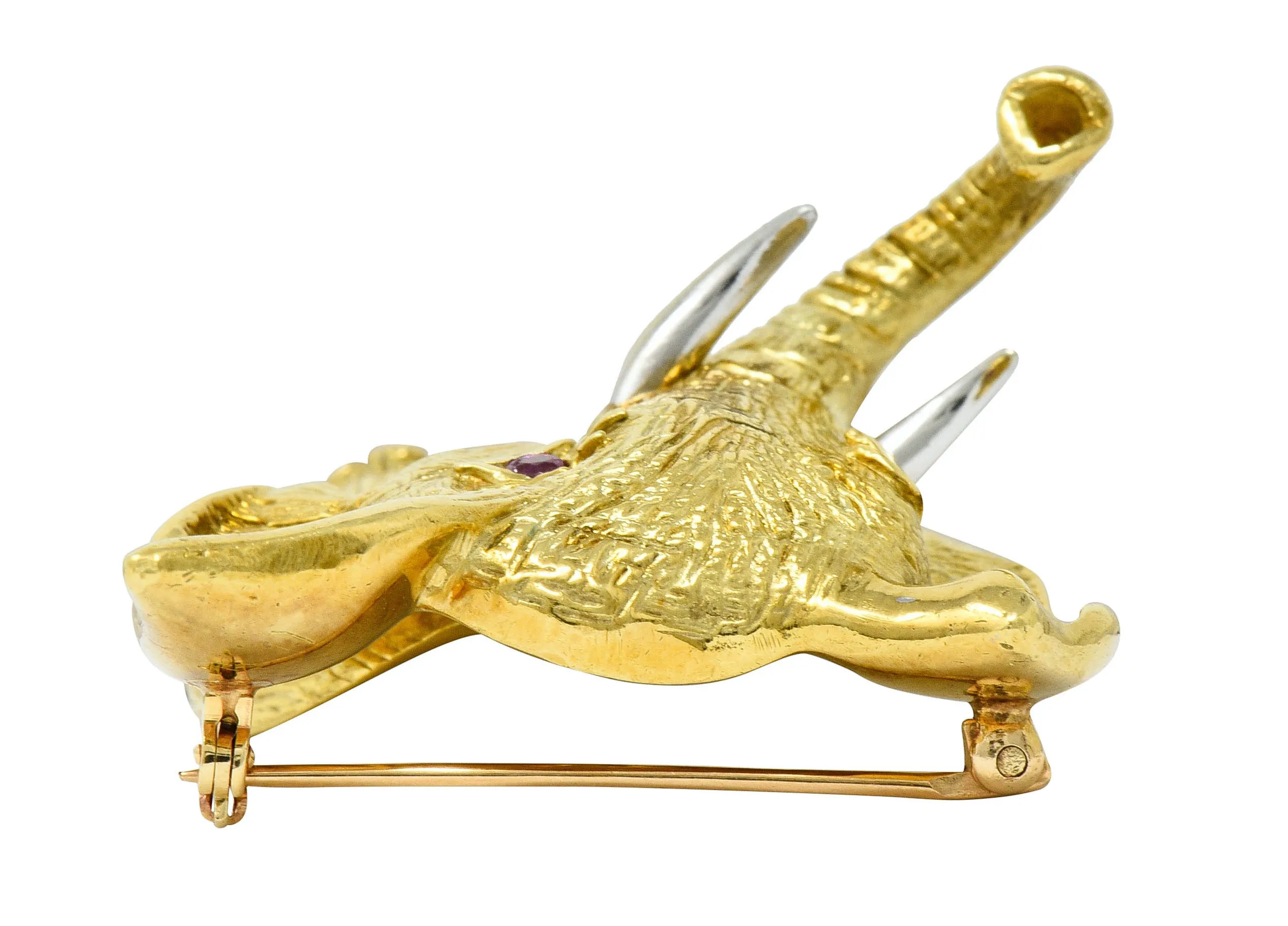 Vintage Ruby 18 Karat Two-Tone Gold Elephant Brooch