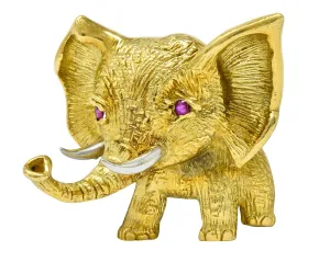 Vintage Ruby 18 Karat Two-Tone Gold Elephant Brooch