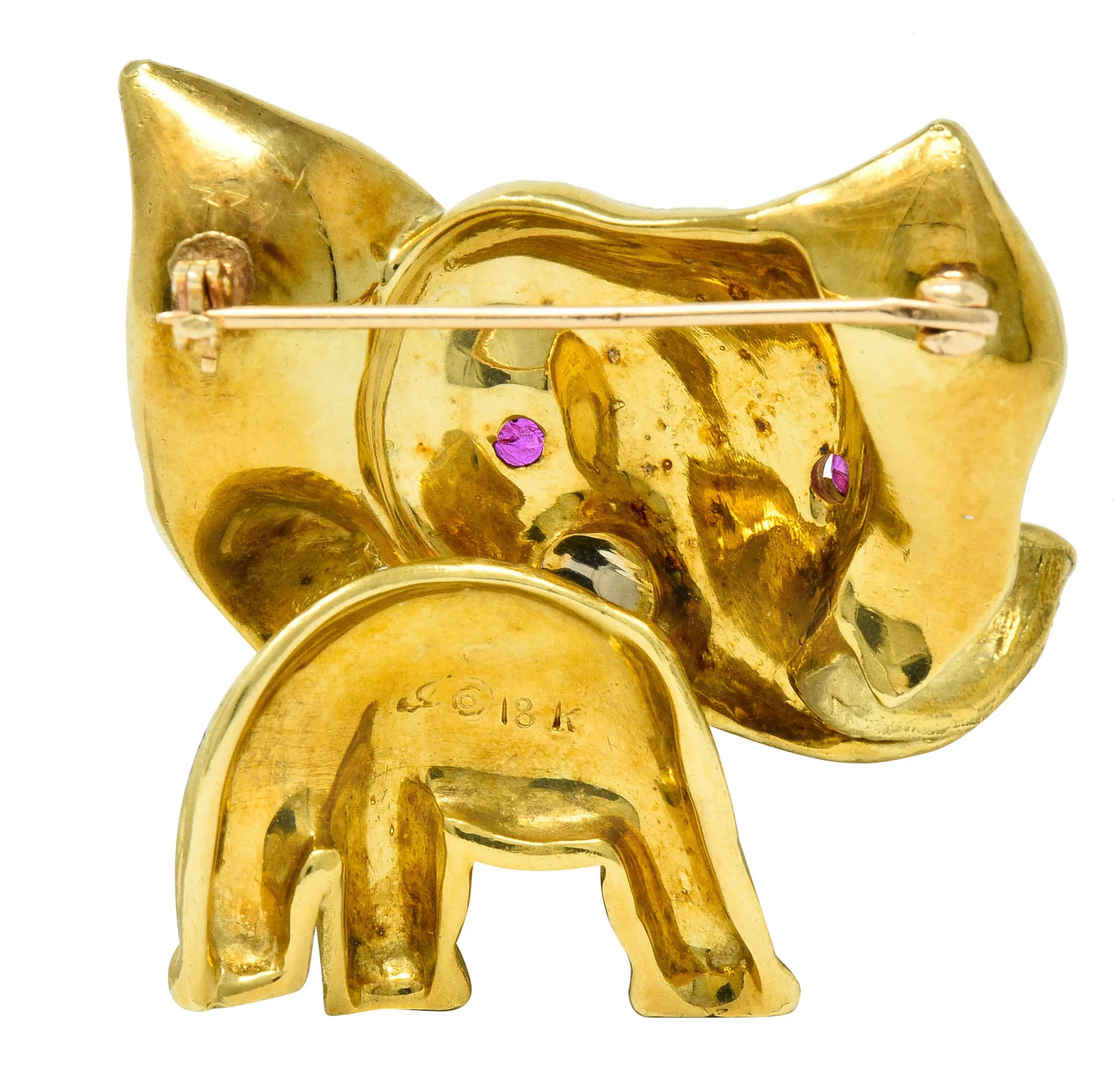 Vintage Ruby 18 Karat Two-Tone Gold Elephant Brooch