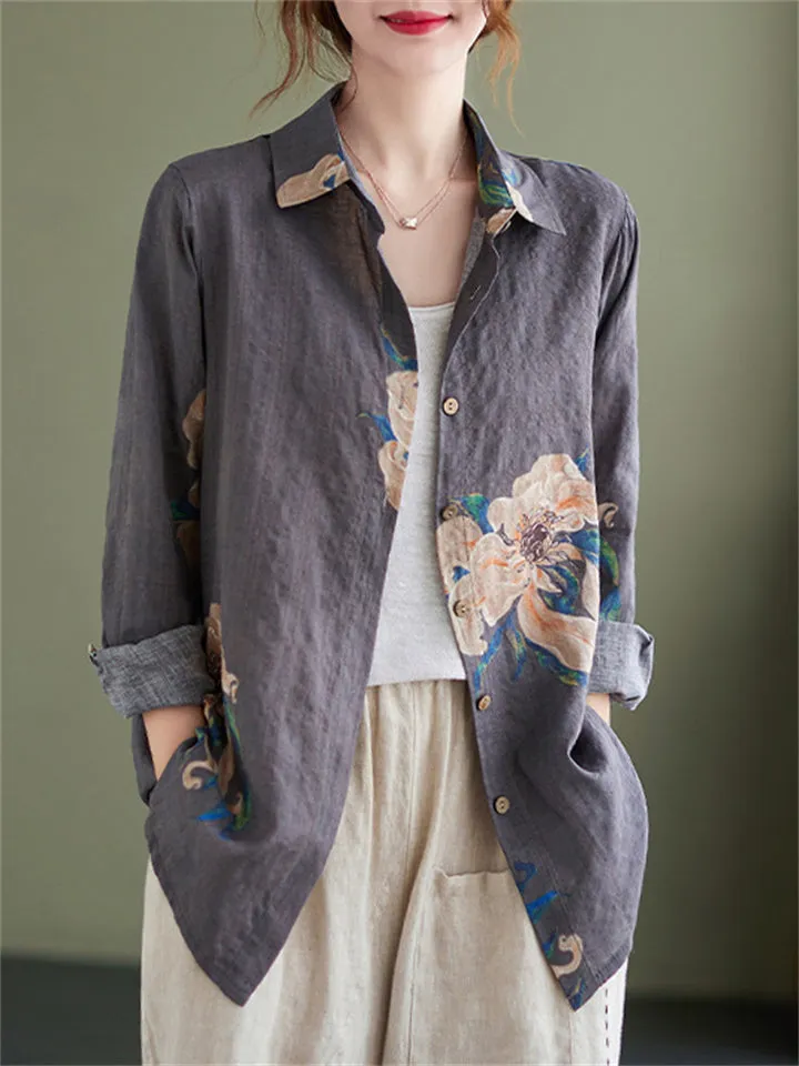 Women's Blooming Flower Print Spring Lapel Shirt