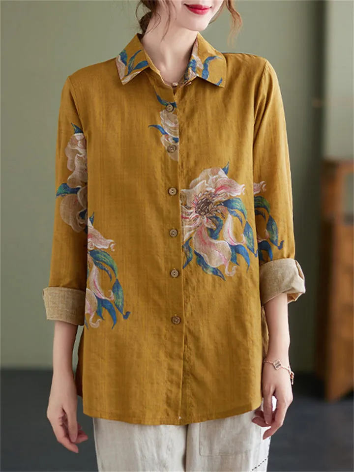 Women's Blooming Flower Print Spring Lapel Shirt