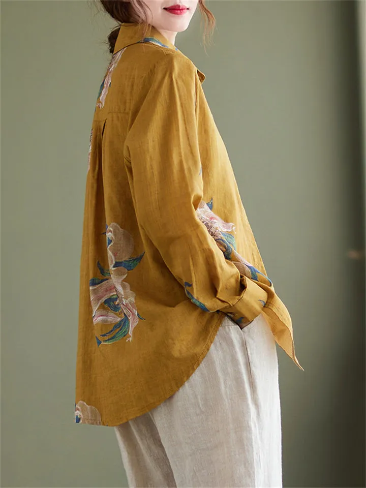 Women's Blooming Flower Print Spring Lapel Shirt