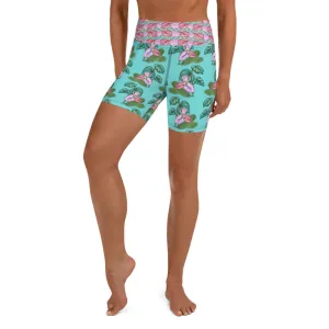 Women's Yoga Shorts: Tropical Anthirium & Hawaiian Healing Plants in Teal
